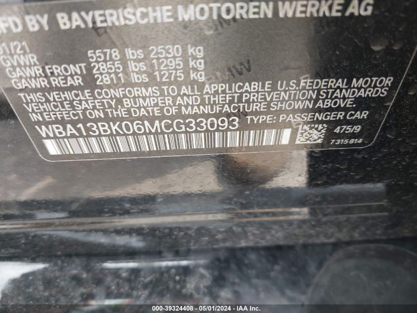 2021 BMW M550I xDrive VIN: WBA13BK06MCG33093 Lot: 39324408