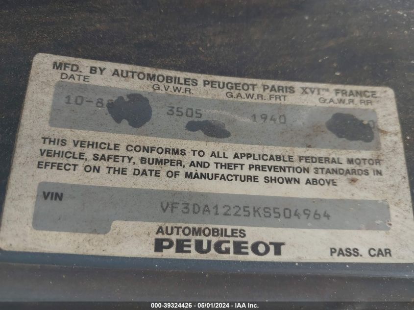 1989 Peugeot 405 S VIN: VF3DA1225KS504964 Lot: 39324426