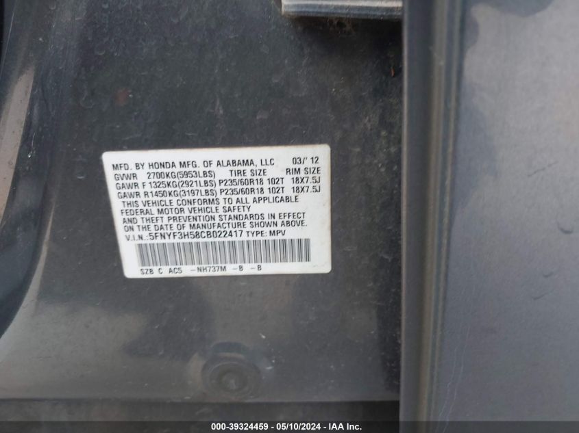 2012 Honda Pilot Ex-L VIN: 5FNYF3H58CB022417 Lot: 39324459