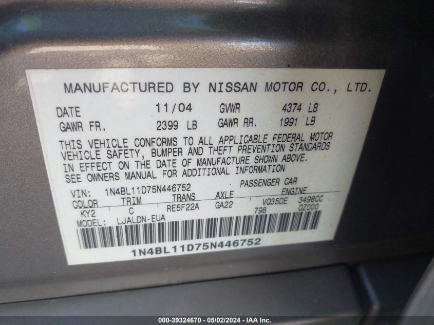 1N4BL11D75N446752 | 2005 NISSAN ALTIMA