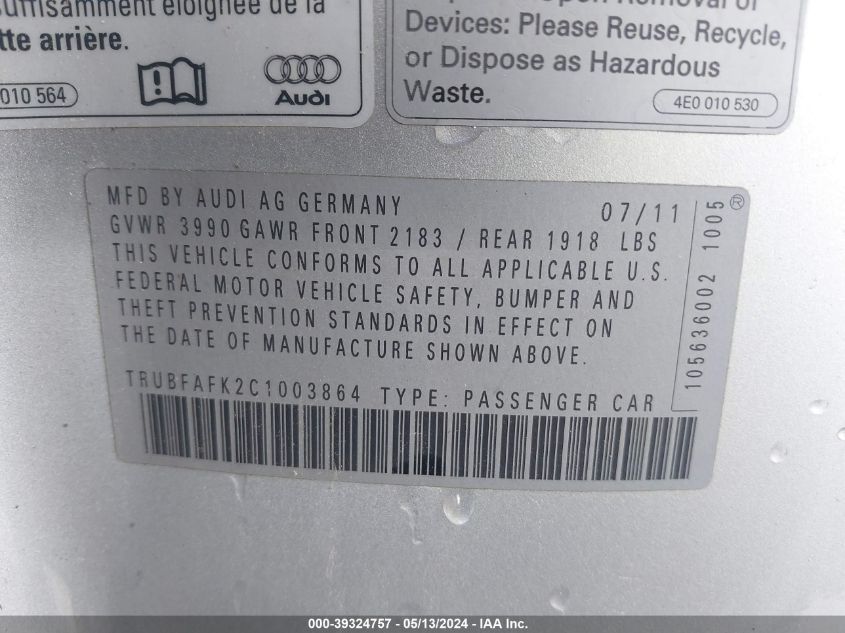 2012 Audi Tt 2.0T Premium Plus VIN: TRUBFAFK2C1003864 Lot: 39324757