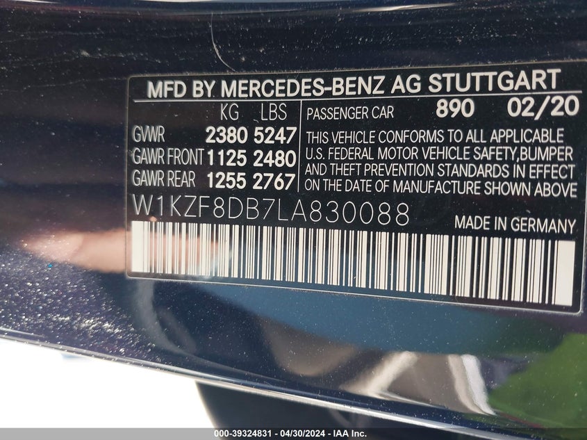 2020 MERCEDES-BENZ E 350 VIN: W1KZF8DB7LA830088