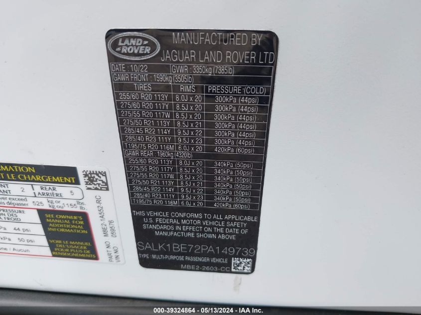 2023 Land Rover Range Rover Autobiography VIN: SALK1BE7XPA059576 Lot: 39324864