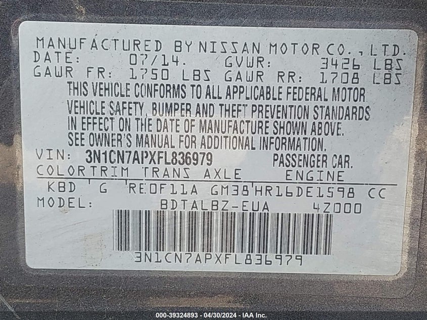 2015 NISSAN VERSA 1.6 SV - 3N1CN7APXFL836979