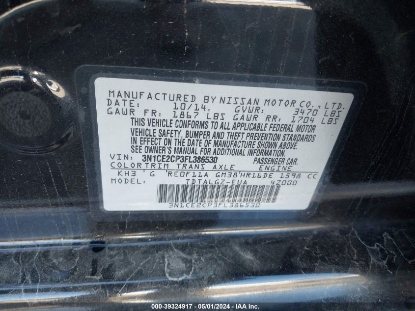 3N1CE2CP3FL386530 2015 Nissan Versa Note Sr