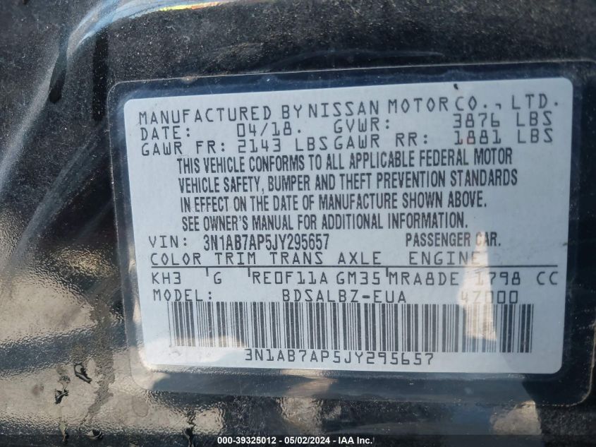 2018 Nissan Sentra S VIN: 3N1AB7AP5JY295657 Lot: 39325012