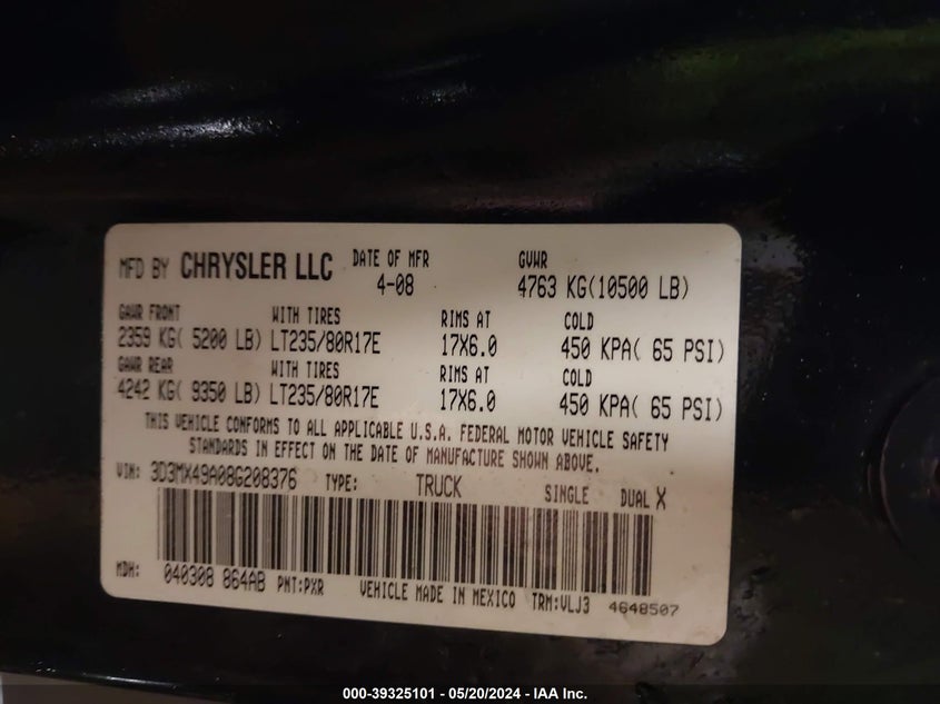 2008 Dodge Ram 3500 Laramie VIN: 3D3MX49A08G208376 Lot: 39325101