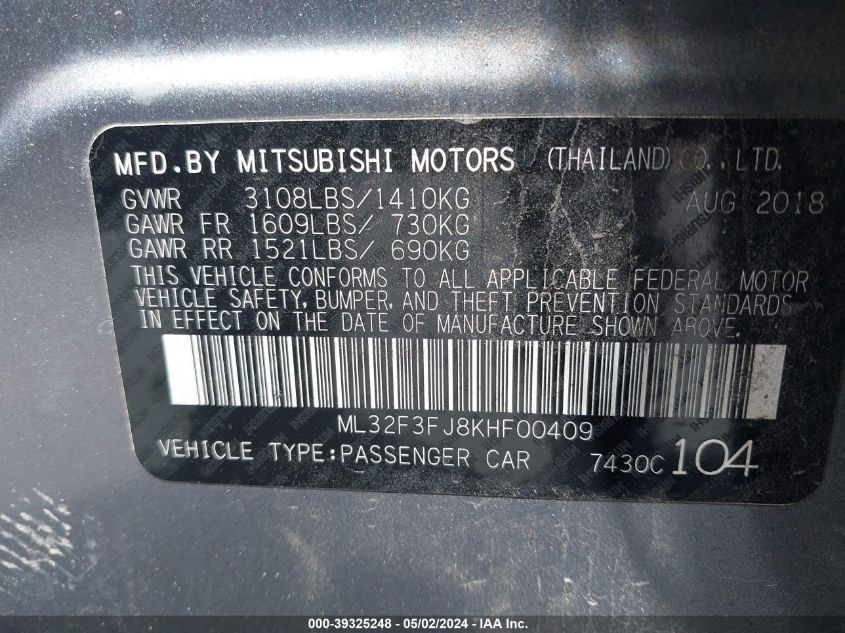 ML32F3FJ8KHF00409 2019 Mitsubishi Mirage G4 Es