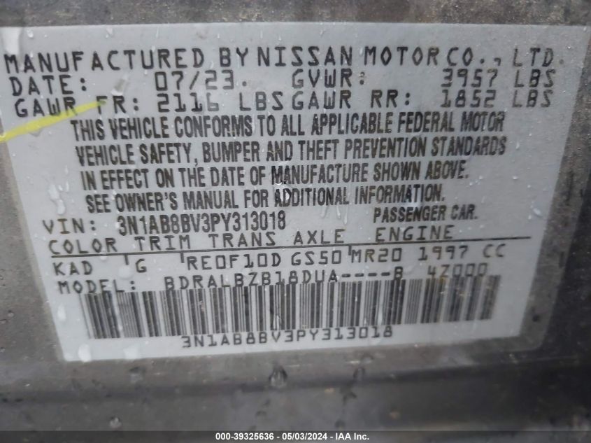 2023 Nissan Sentra S Xtronic Cvt VIN: 3N1AB8BV3PY313018 Lot: 39325636