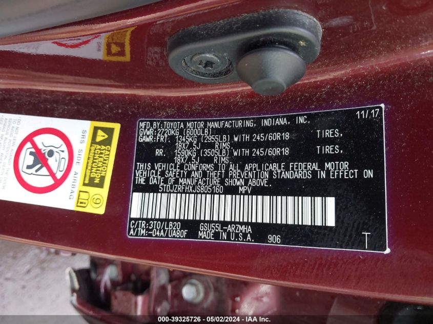 2018 Toyota Highlander Xle VIN: 5TDJZRFHXJS805160 Lot: 39325726