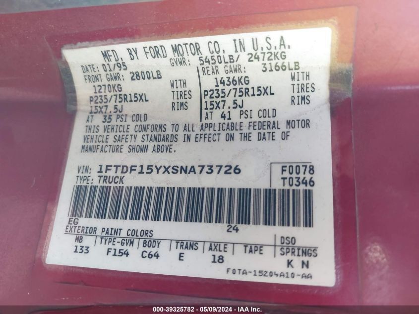 1995 Ford F150 VIN: 1FTDF15YXSNA73726 Lot: 39325782
