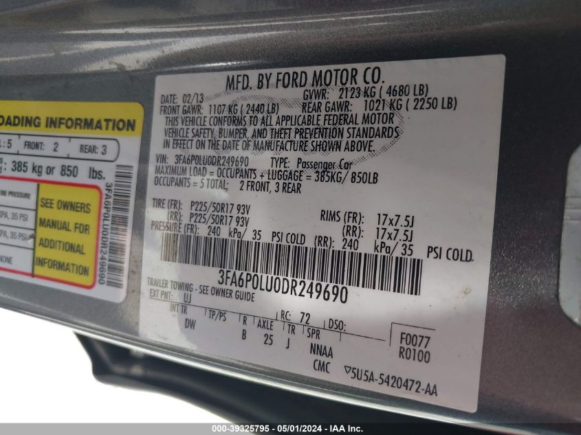 3FA6P0LU0DR249690 | 2013 FORD FUSION HYBRID