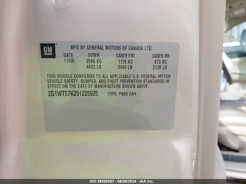 2009 Chevrolet Impala Lt VIN: 2G1WT57K291225925 Lot: 39325821