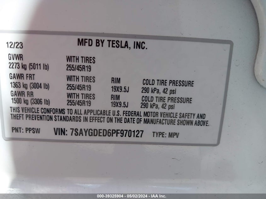 2023 TESLA MODEL Y U   U(VIN: 7SAYGDED6PF970127