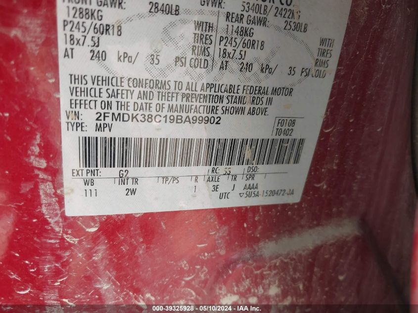 2009 Ford Edge Sel VIN: 2FMDK38C19BA99902 Lot: 39325928