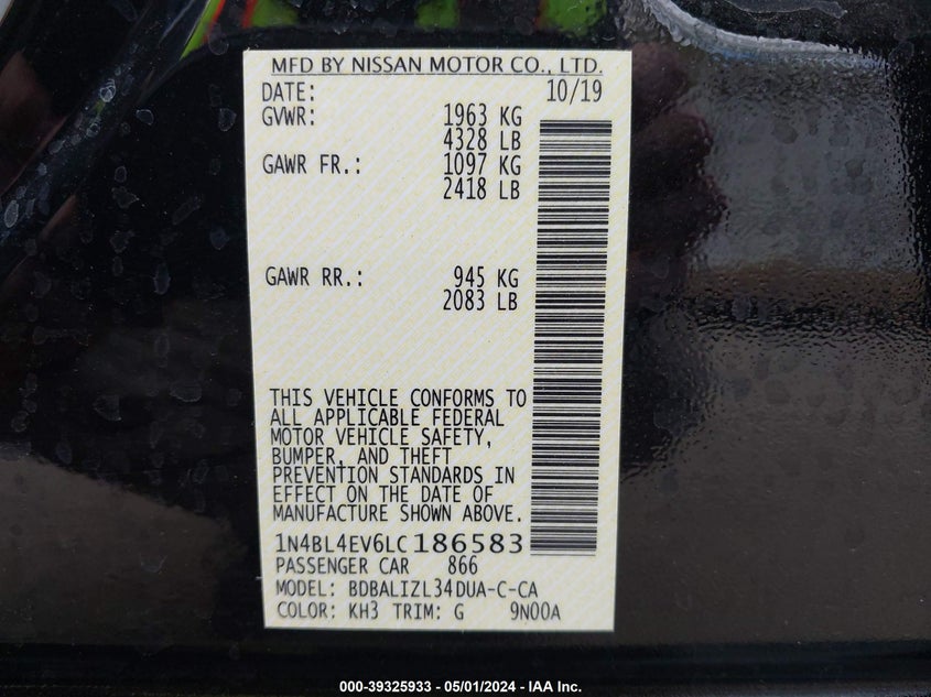 VIN 1N4BL4EV6LC186583 2020 NISSAN ALTIMA SL FWD