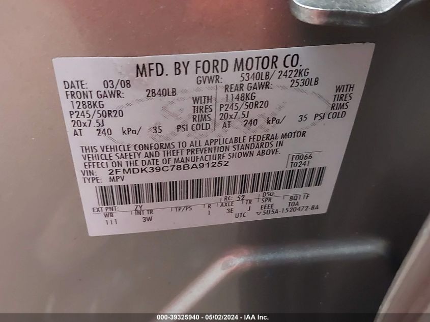 2008 Ford Edge Limited VIN: 2FMDK39C78BA91252 Lot: 39325940