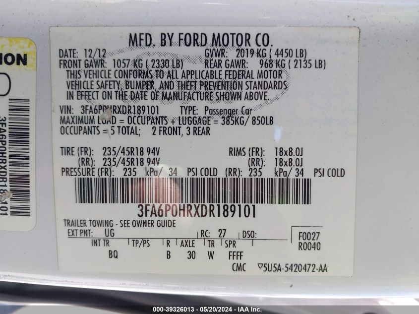 2013 FORD FUSION SE - 3FA6P0HRXDR189101