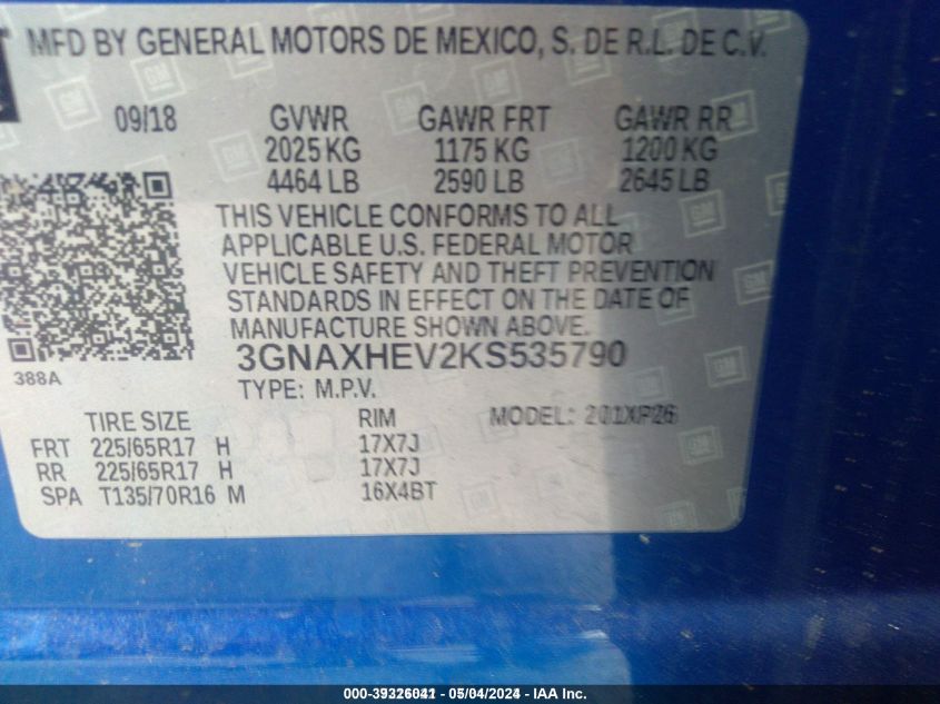 3GNAXHEV2KS535790 2019 Chevrolet Equinox Ls