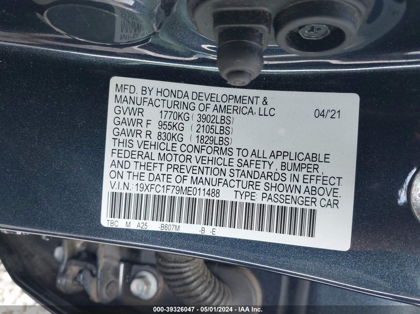 VIN 19XFC1F79ME011488 2021 HONDA CIVIC EX-L