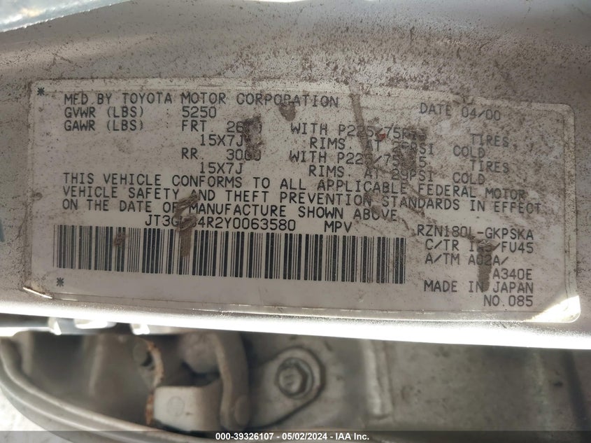 JT3GM84R2Y0063580 2000 Toyota 4Runner