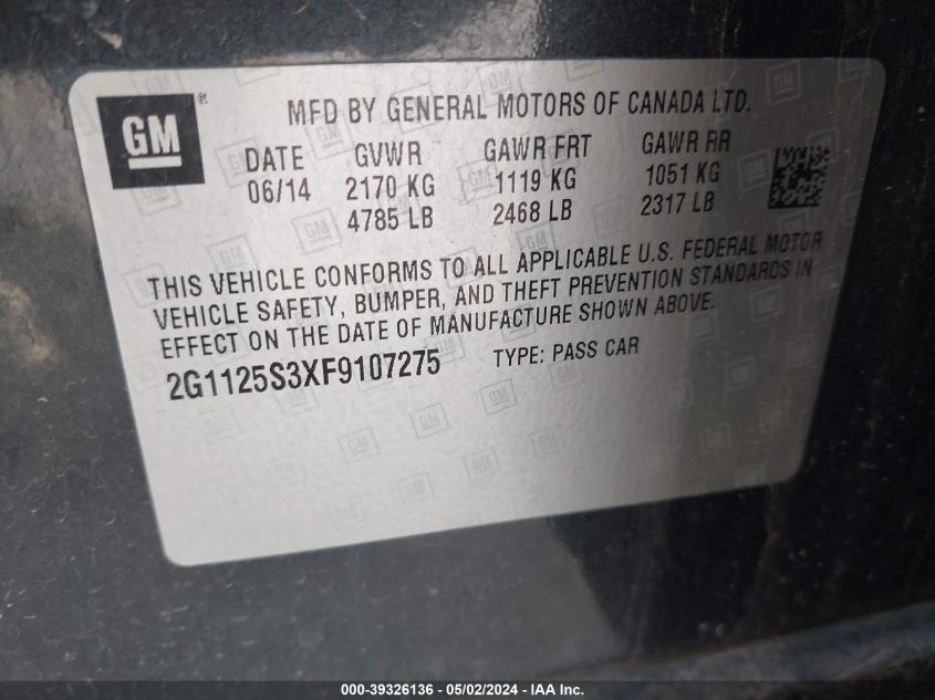 2015 Chevrolet Impala 2Lt VIN: 2G1125S3XF9107275 Lot: 39326136