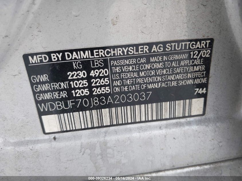 2003 Mercedes-Benz E 500 VIN: WDBUF70J83A203037 Lot: 39326234