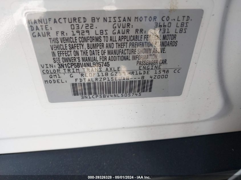 2022 Nissan Kicks S Xtronic Cvt VIN: 3N1CP5BV4NL505745 Lot: 39326328