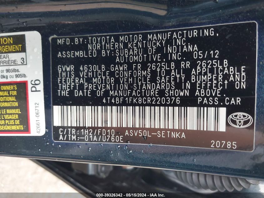 2012 Toyota Camry Le VIN: 4T4BF1FK8CR220376 Lot: 39326342