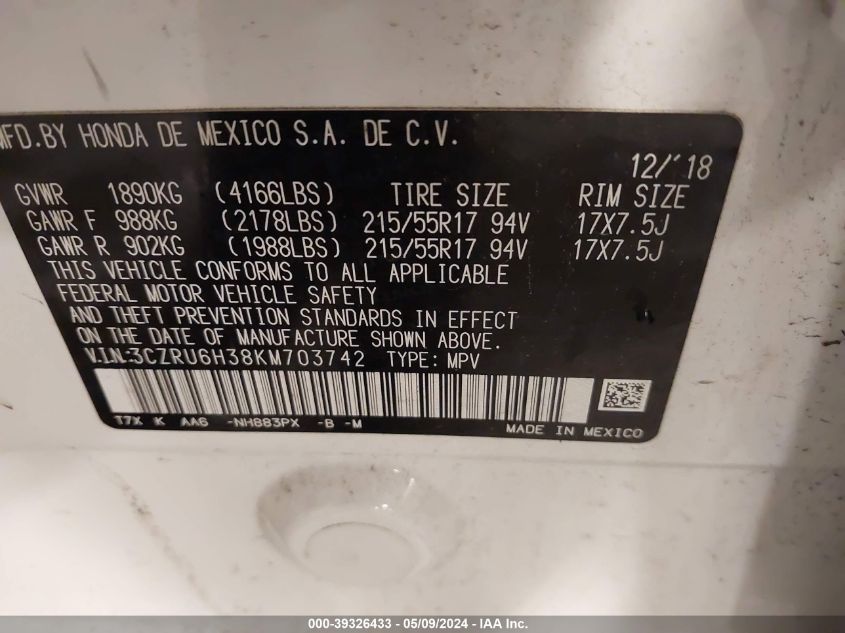 2019 HONDA HR-V LX - 3CZRU6H38KM703742