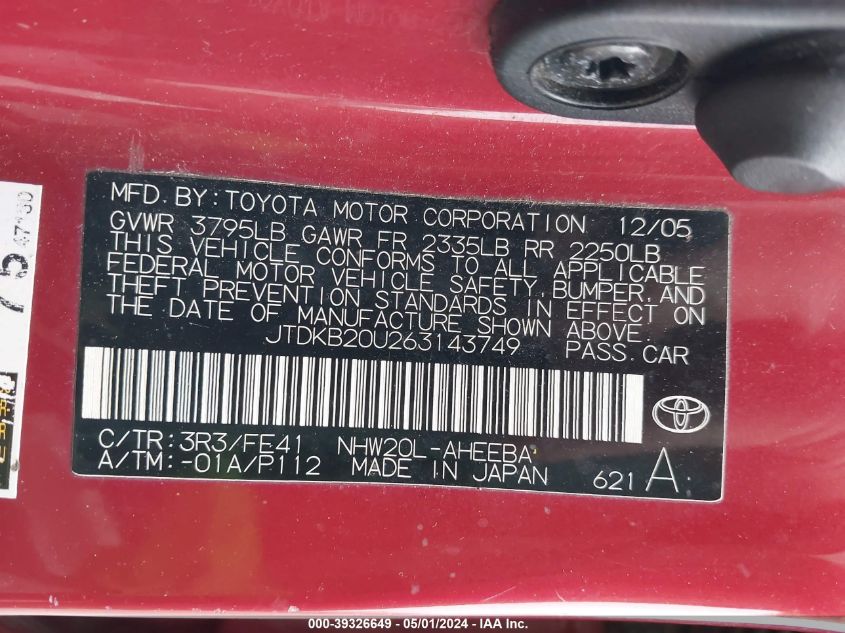 JTDKB20U263143749 | 2006 TOYOTA PRIUS