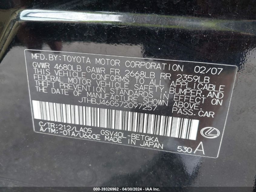 JTHBJ46G572097257 | 2007 LEXUS ES 350