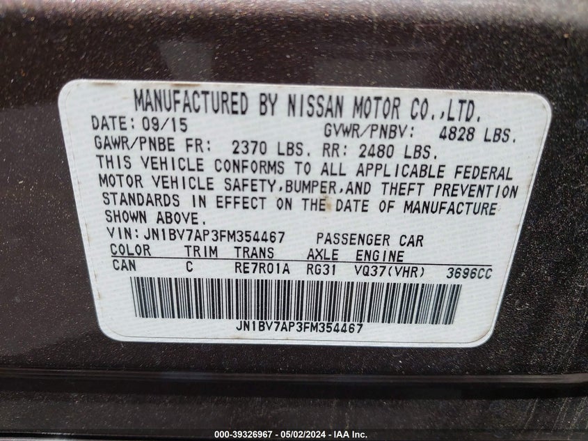 2015 INFINITI Q50 PREMIUM/SPORT - JN1BV7AP3FM354467