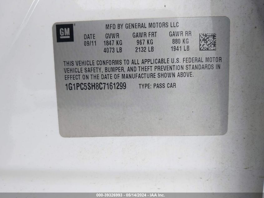 2012 Chevrolet Cruze Ls VIN: 1G1PC5SH8C7161299 Lot: 39326993