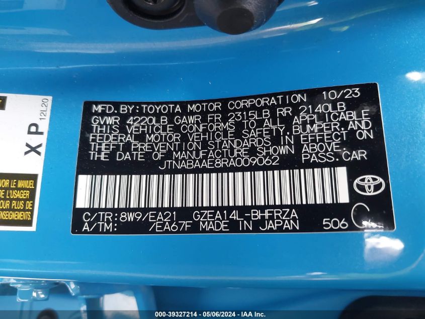 2024 Toyota Gr Corolla Circuit VIN: JTNABAAE8RA009062 Lot: 39327214