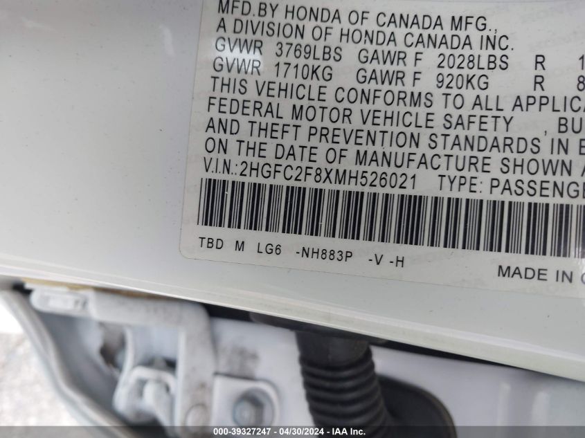 2HGFC2F8XMH526021 | 2021 HONDA CIVIC