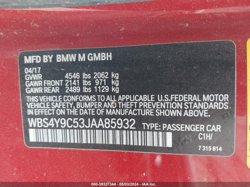 2018 BMW M4 VIN: WBS4Y9C53JAA85932