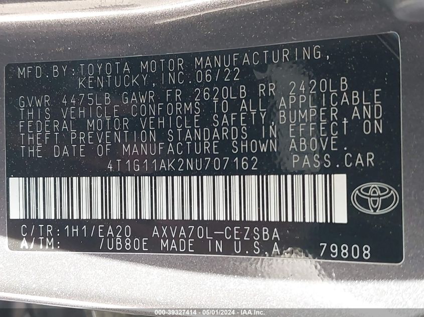 4T1G11AK2NU707162 | 2022 TOYOTA CAMRY