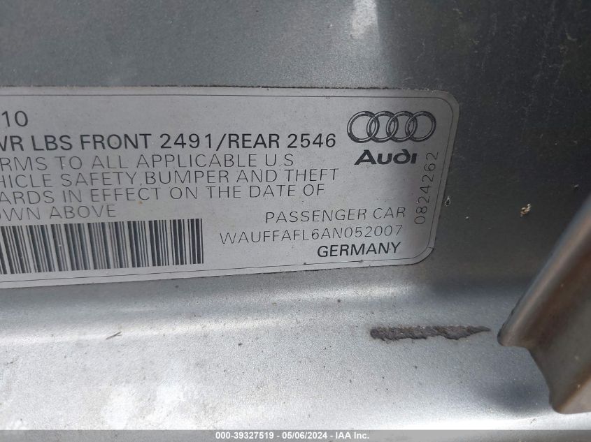 2010 Audi A4 2.0T Premium VIN: WAUFFAFL6AN052007 Lot: 39327519