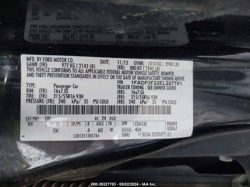 2014 Ford Focus Se VIN: 1FADP3F22EL227791 Lot: 39327783