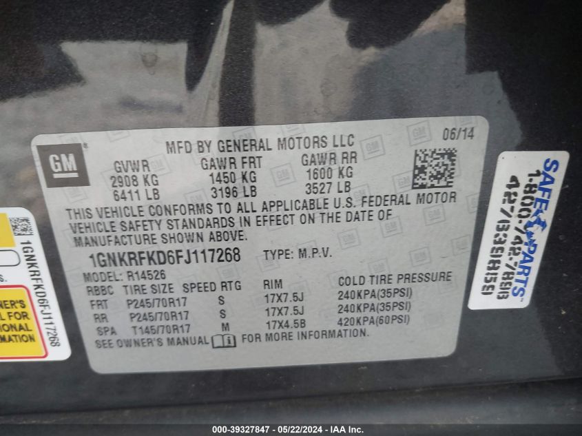 2015 Chevrolet Traverse Ls VIN: 1GNKRFKD6FJ117268 Lot: 39327847