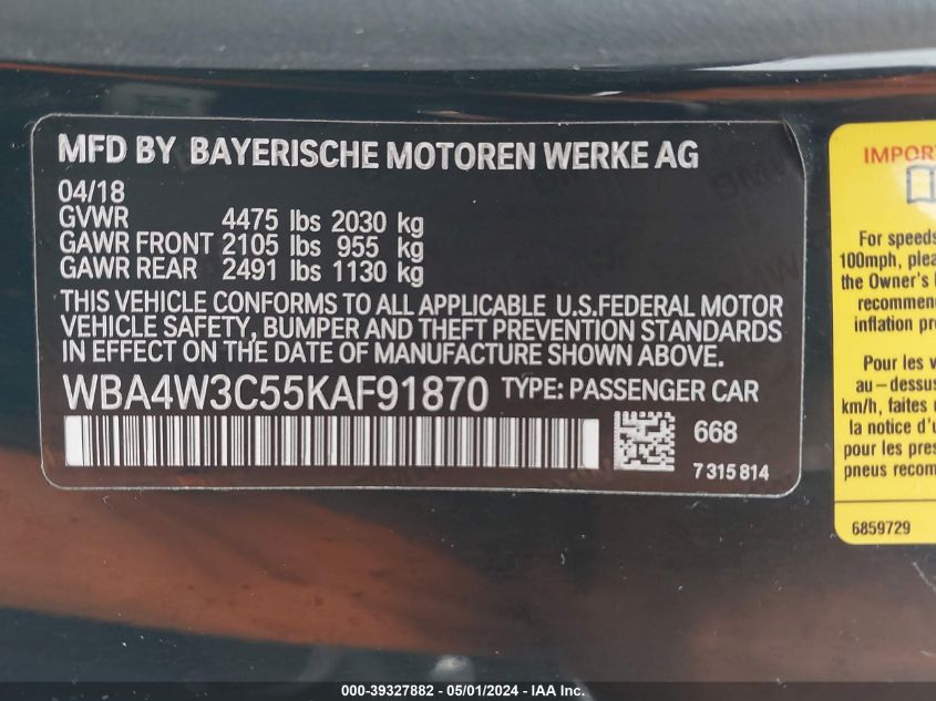 WBA4W3C55KAF91870 2019 BMW 430I