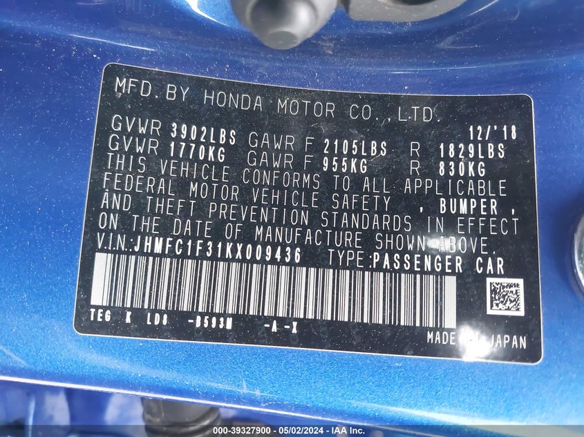 VIN JHMFC1F31KX009436 2019 HONDA CIVIC EX