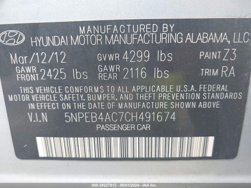 5NPEB4AC7CH491674 | 2012 HYUNDAI SONATA