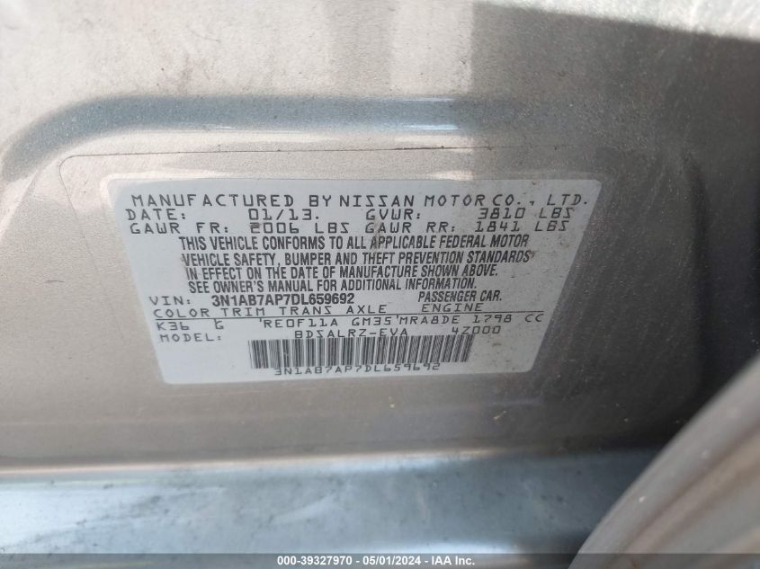 3N1AB7AP7DL659692 | 2013 NISSAN SENTRA