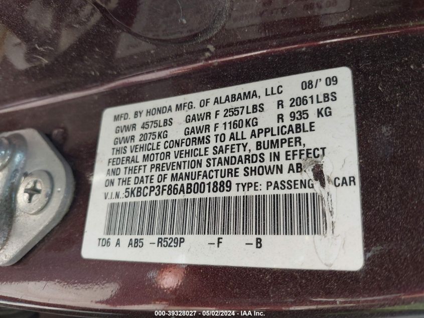 5KBCP3F86AB001889 | 2010 HONDA ACCORD