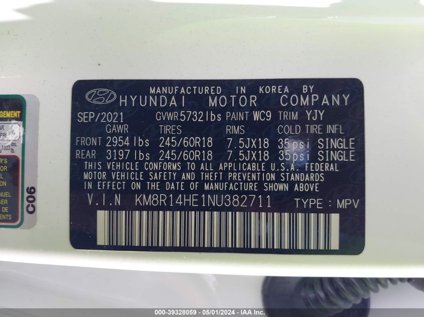 2022 Hyundai Palisade Se VIN: KM8R14HE1NU382711 Lot: 39328059