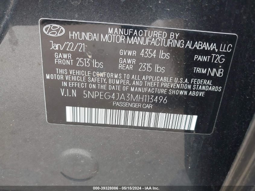 2021 Hyundai Sonata Se VIN: 5NPEG4JA3MH113496 Lot: 39328086