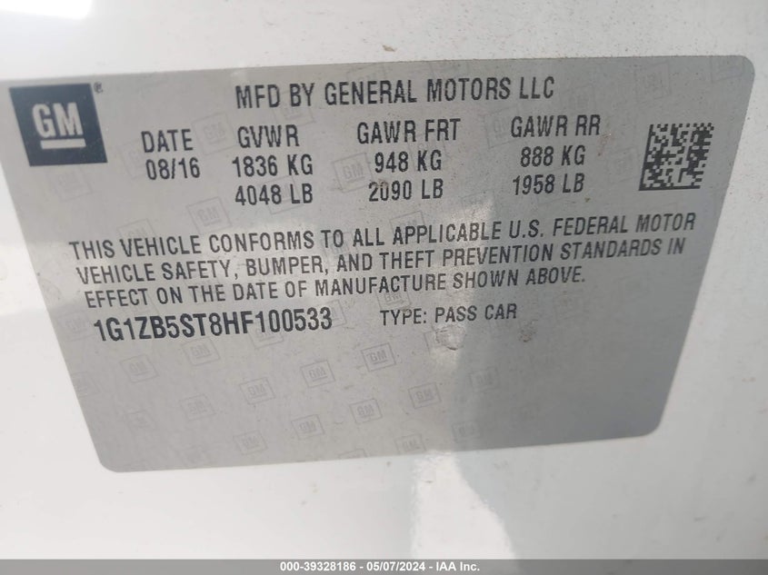 VIN 1G1ZB5ST8HF100533 2017 CHEVROLET MALIBU LS