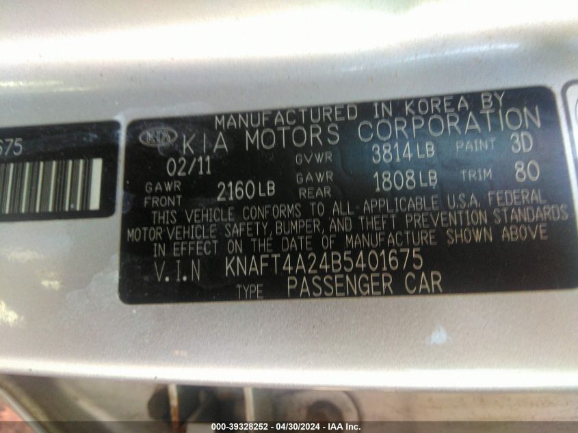 KNAFT4A24B5401675 | 2011 KIA FORTE